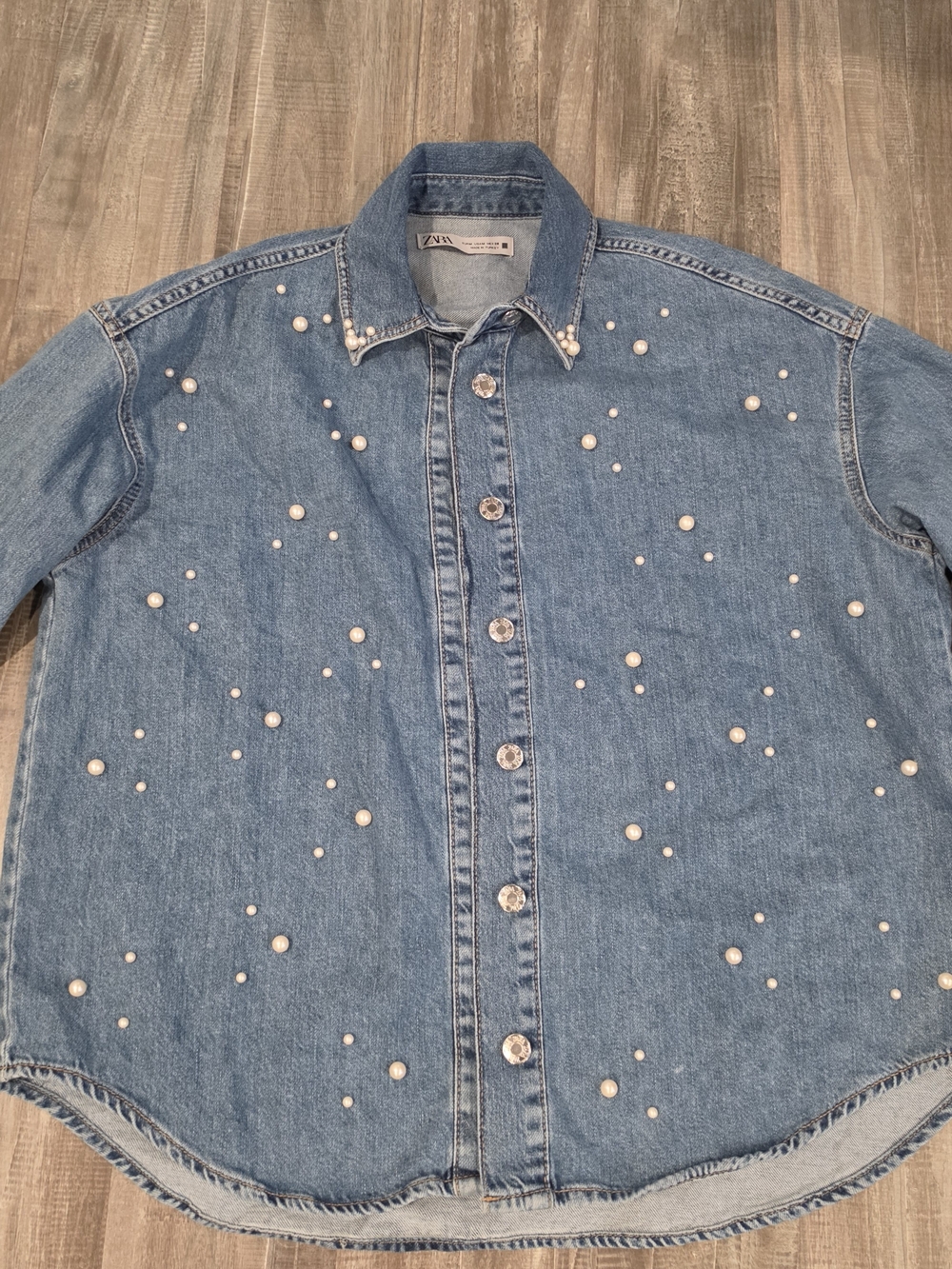 Zara Blue Denim Button-Down Shirt with Pearl Studs